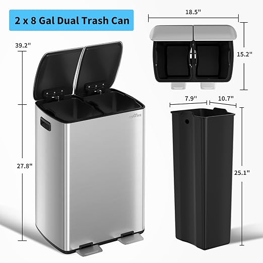 mVm Dual Trash Can, 16 Gal (2x8Gal) Kitchen Trash Can with Soft-Close Lid, Brushed Stainless Steel Recycling Bin for Home Office, Anti-Fingerprint (Silver)