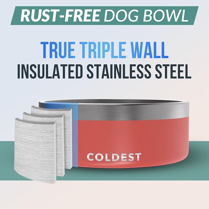 Coldest Dog Bowl - Anti Rust Metal, Non Slip, 3 Layers Insulated Stainless Steel Dog Bowls - Spill Proof & Heavy Duty - Water Bowl for Dogs, Cats & Pets, Dish Washer Safe (64 oz, Crimson Red)