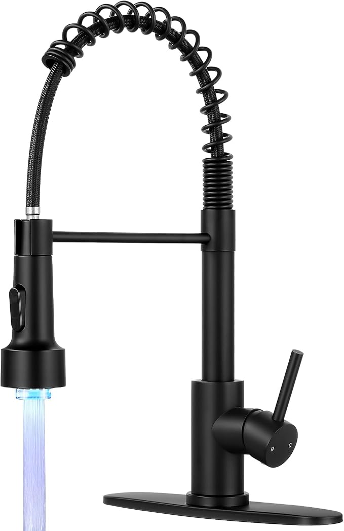 Kitchen Faucet with LED Pull Down Sprayer Matte Black | 2-mode sprayer, 360° high arc spout, 304 SS build, drip-free valve, fingerprint-resistant, DIY install, 500K cycle tested