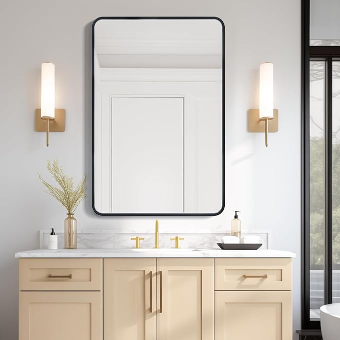 USHOWER Bathroom Mirrors for Over Sink, Metal Frame Rectangle Mirror, Modern Farmhouse Vanity Mirror, Wall Mounted for Bedroom, Living Room, Entryway Remodel & Upgrade, Matte Black, 24 x 36 Inch