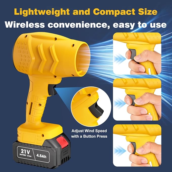 Electric Mini Leaf Blower, Powered Handheld Blower Leaf, Adjustable Wind Speed Cordless 21V Battery Blower with 2 Rechargeable Batteries and Charger, Toolbox, for Yard Leaf & Snow Removal(Yellow)