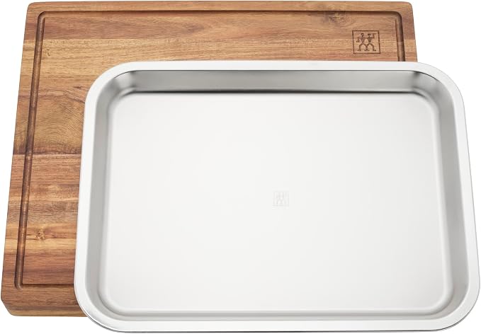 ZWILLING BBQ+ Cutting Board with Stainless Steel Tray, Acadia Wood, 17" x 14" x 13"