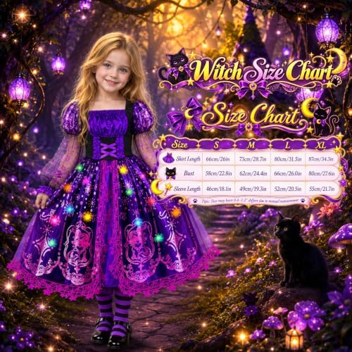 Witch Costume for Girls, Light Up Halloween Costume for Kids 3-10