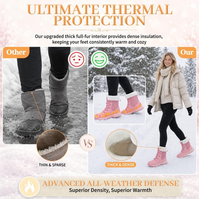 Womens Winter Snow Boots Mid-Calf Booties Warm Fur Lined Cold Weather Shoes