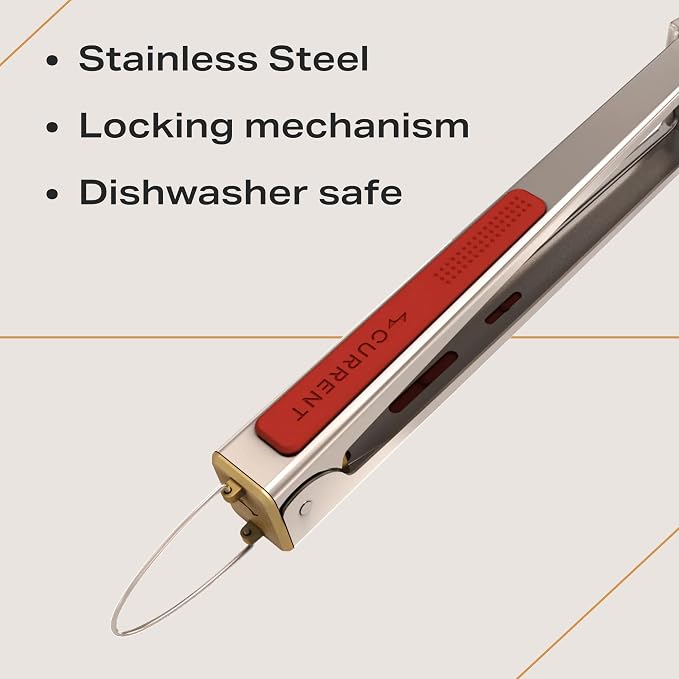 Current® 15.4-Inch Stainless Steel Locking Grill Tongs | Heat-Resistant, Heavy-Duty Locking Tongs for Kitchens, BBQs, Camping, Griddles and Outdoor Cooking.