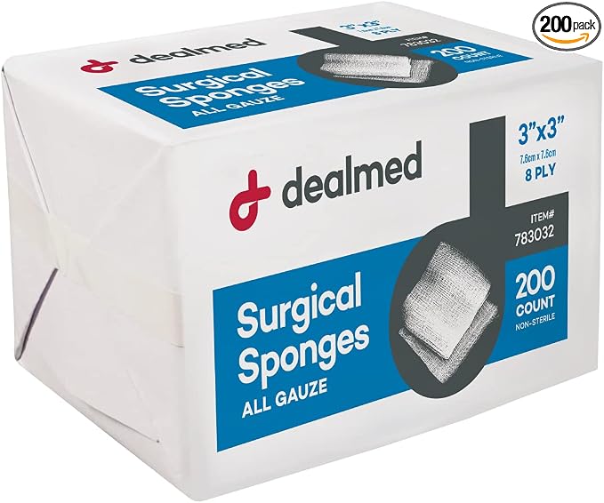 Dealmed 3" x 3" Surgical Sponges, 8-Ply, Non-Woven Absorbent Gauze Sponges for Wound Care, First Aid Kits and Medical Facilities, 200 Count (Pack of 1)