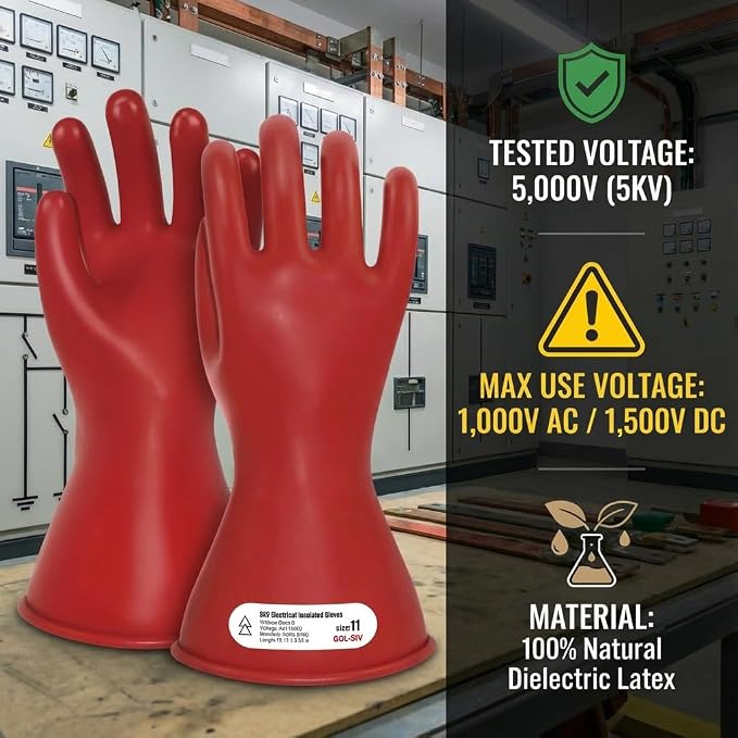 Electrical Insulated Gloves - 5KV Tested Rubber Safety Work Gloves for Electrician, Hybrid EV Car Repair & HVAC - Class 0 Level Protection (Max Use 1000V), Red