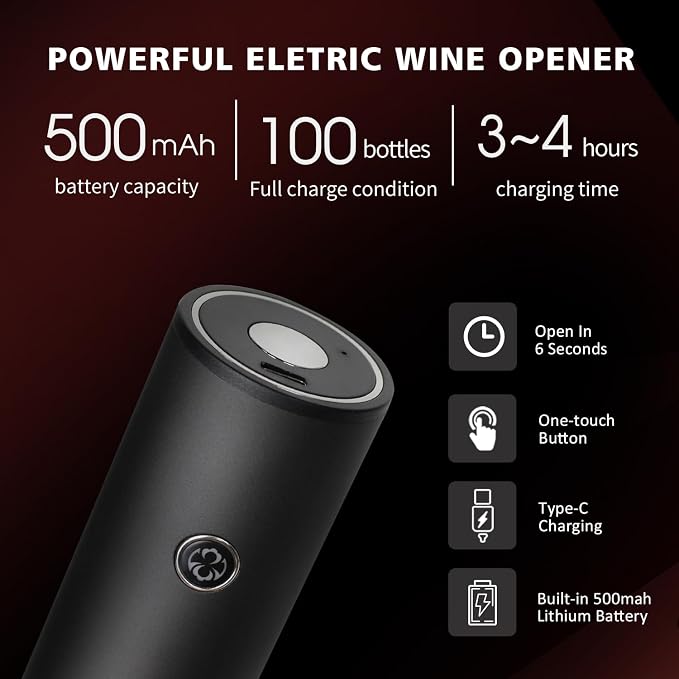 Rechageable Electric Wine Opener Gift Set, Auto Wine Aerator Dispenser, Wine Corkscrew Kit, Automatic Wine Saver Vaccum Pump, Foil Cutter, 4-in-1 Cordless rechargeable Bottle Opener Gift Box