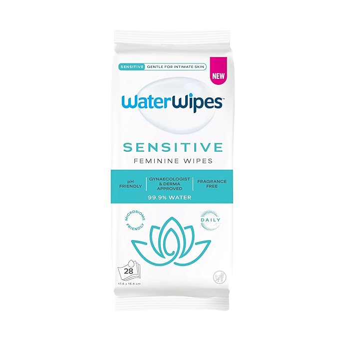 WaterWipes Sensitive Feminine Wipes, 99.9% Purified Water, pH Friendly for Daily Intimate Care, Gynecologist Approved, Fragrance Free, 28 Count
