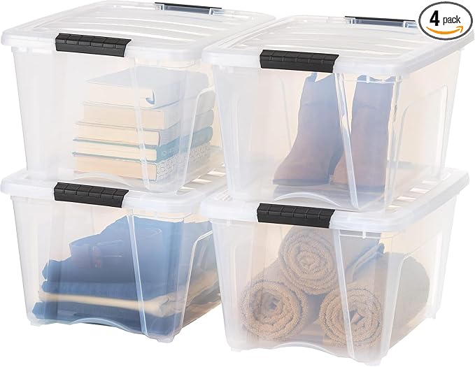 IRIS USA 32 Qt Stackable Plastic Storage Bins with Lids, 4 Pack - BPA-Free, Made in USA - See-Through Organizing Solution, Latches, Durable Nestable Containers, Secure Pull Handle - Clear