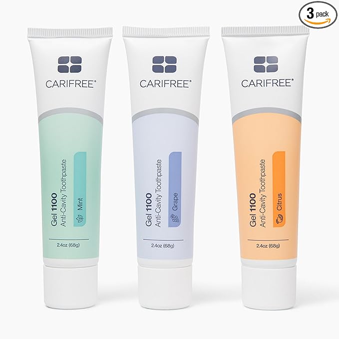 CariFree 1100 Fluoride Toothpaste, Nano HA, Mint, Citrus, and Grape 3pk | Anti-cavity pH neutralizing gel variety set; enamel protection; dentist recommended; try all three flavors.