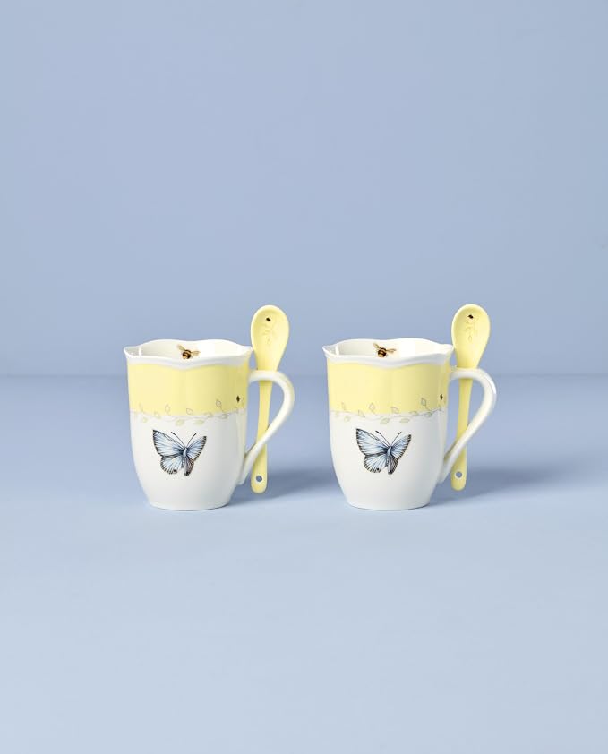 Lenox 897804 Butterfly Meadow Color Mugs With Spoons, Set Of 2, Yellow
