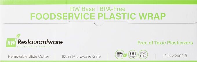 Restaurantware RW Base 12 Inch x 2000 Feet Cling Wrap 1 Roll Microwavable Cling Film - With Removable Slide-Cutter Clear Plastic Food Wrapping Film Securely Seal And Keep Food Fresh