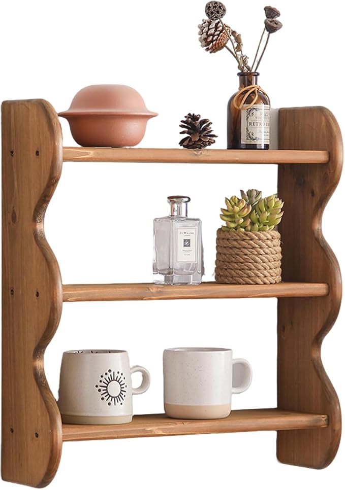 100% Solid Wood Wall Shelf 3-Tier, Rustic Floating Shelves Wall Mounted Storage Rack, Farmhouse Decor Hanging Shelf Display Shelves for Apartment, Living Room and Bedroom
