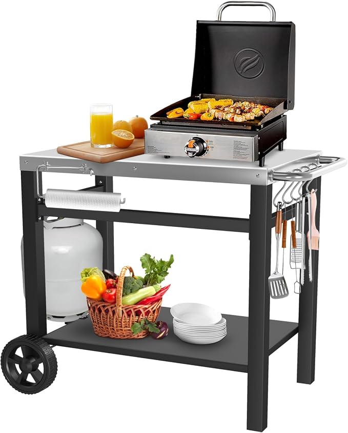Grill Table, Movable Dining Cart, Pizza Oven Table Stand, Double-Shelf Grill Stand, Food Prep and Work Cart with Wheels, Hooks, Fits for Blackstone Ninja