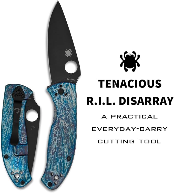 Spyderco Tenacious Disarray Folding Pocket Knife, PlainEdge | 7.74" Overall Length, Black Oxide 3.3" D2 Steel Blade, Titanium Handle, R.I.L Lock, Full-Flat Grind