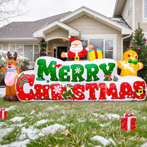 10FT Christmas Inflatables Outdoor Decorations Inflatable Merry Christmas with Santa Gingerbread Reindeer, Built in LED Lights Blow up Yard Decorations for Xmas Holiday Party Garden Lawn Décor