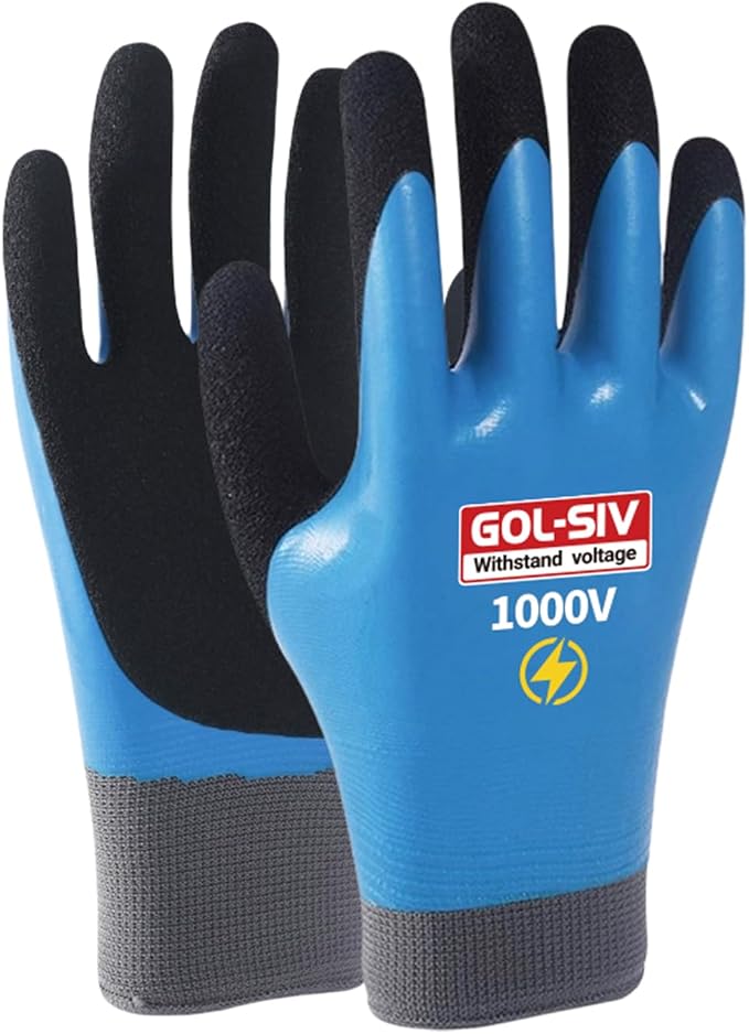 Electrician Gloves, 1000V ASTM D120 Certified, Blue Large | Double insulated.Class 0 rated.High voltage rubber safety work gloves for electrical maintenance & utility work.