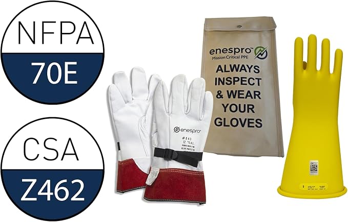 Enespro Class 2 Yellow Rubber Voltage Insulating Glove Kit with Leather Protectors, Max. Use Voltage 17,000V AC/ 25,500V DC (KITGC2Y08)