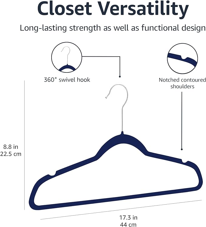 Amazon Basics Slim Velvet Non-Slip Space Saving Suit Clothes Hangers for Closet Organization, Navy Blue/Silver, 50-Pack