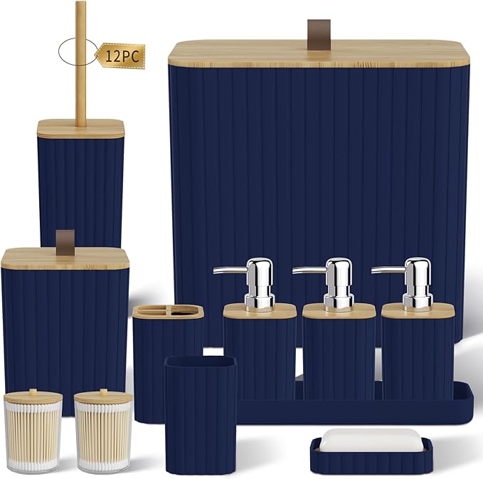 Bathroom Accessory Set - Navy Blue Bathroom Set, 12PC Bathroom Accessories Set, Blue Bathroom Accessories Set, Mini Trash Can, Toilet Brush, Trash Can & Soap Dispenser