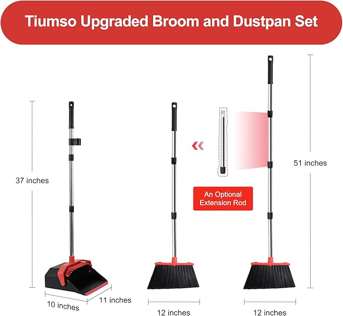 Tiumso Upgrade Broom with Dustpan Combo Set, Broom and Dustpan Set with 51'' Long Handle, Dust Pan and Brooms, ZeroGap Lip, Self-Cleaning Dustpans Teeth for Lobby Kitchen Restaurant - Black and Red