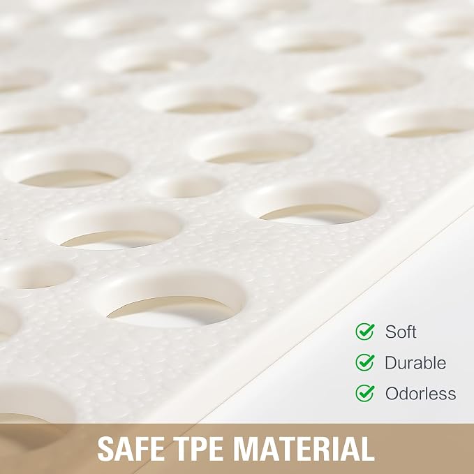 OTHWAY Large Shower Mat, 47"x 32" TPE Anti Slip Shower Mat, Heavy Bath Mats for Shower with Drain Holes Suction Cups, Shower Stall Mat for Bathroom, No Odor Shower Grip Mat for Elderly (W-White)