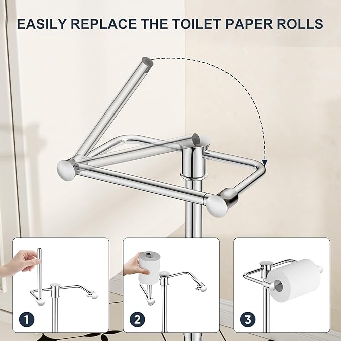 Bathroom Toilet Paper Holder Stand, Polished Chrome Toilet Paper Holder Free Standing, Stainless Steel Pivoting Toilet Tissue Roll Holder，Adjustable Height (14 to 24 Inch) Paper Holder