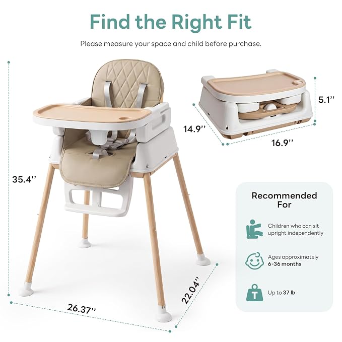 Baby High Chair for Babies and Toddlers, 3-in-1 Convertible Highchair with Built-in Leg Storage, Compact Pack-Away Design, Baby Eating Feeding Chair, Silla De Comer para Bebe, Beige