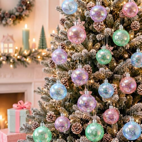 Lunmon 64 Pcs Colorful Iridescent Christmas Ornament Pastel Clear Xmas Ball