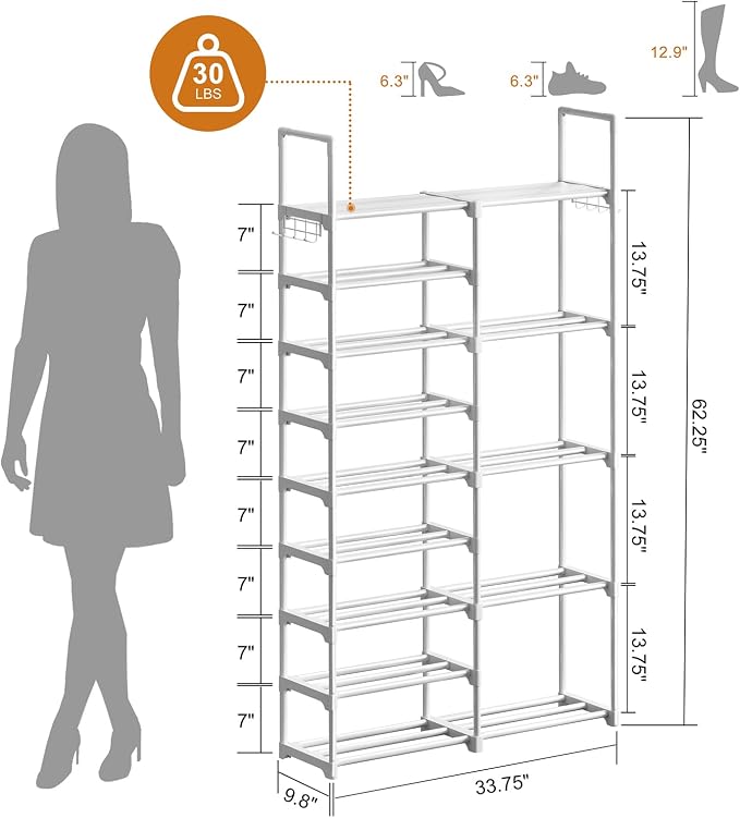 WOWLIVE 9 Tiers White Shoe Rack for Closet Shoe Rack Storage Organizer for Entryway 30-35 Pairs Stackable Shoe Shelf for Front Entrance Metal Pipes with Plastic Connectors