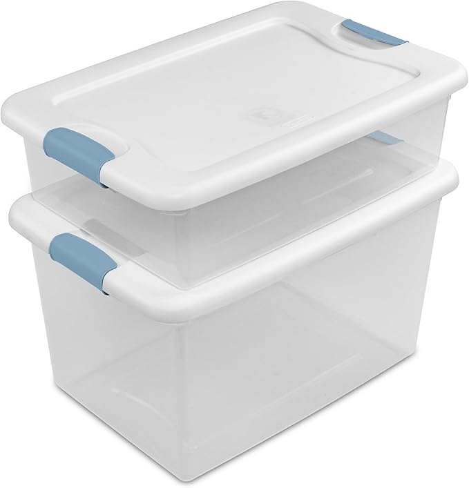 Sterilite 4-Pack 64 Quart Latching Box, Clear Plastic Storage Organizer Bins with White Lids - Large Stackable Containers for Home Bedroom, Dorm Room, and Closet Organization