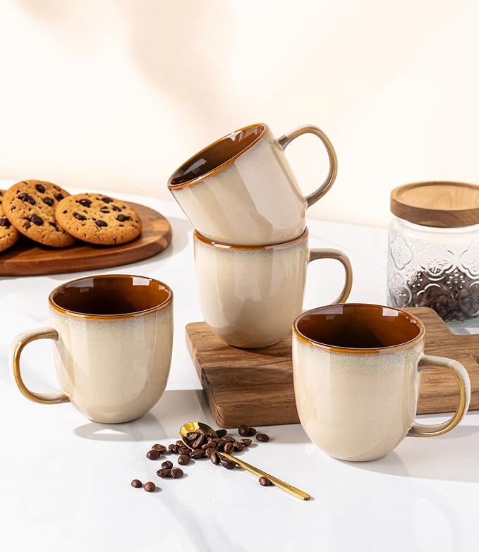 LERATIO Ceramic Coffee Mugs Set of 6,12oz Handmade Coffee Mugs Set | Large Handle for Cappuccino/Latte/Tea/Hot Cocoa,Oven &Dishwasher & Microwave Safe-Pale Kahki