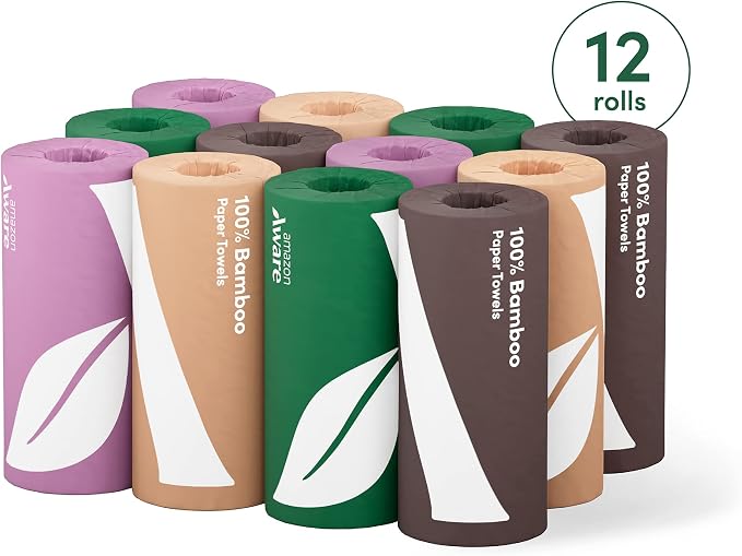 Amazon Aware Bamboo Paper Towels, 12 Rolls, 2 ply, FSC Certified, 150 Sheets, 1800 Count, Pack of 12, Plastic-Free, White