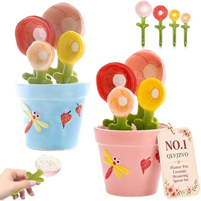 Flower Pot Ceramic Measuring Spoon Set, 5PCS Cute Spoons Cups with Base, Ceramic Baking Measuring Spoons with Holder for Dry & Wet Ingredients, Unique Baking Supplies Gift, Dishwasher Safe(Pink+Blue)