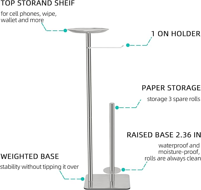 FEILERN Toilet Paper Holder Stand for Bathroom Floor Standing Toilet Roll Dispenser Storages 4 Reserve Rolls, with Top Storage Shelf for Cell Phones, Wipe, Wallet and More(Brush Nickel)