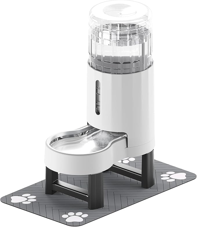 CZPET Elevated Dog Water Bowl Dispenser (8L+Stand+Mat, White) | With Stainless Steel Bowl Gravity Waterer, Large Capacity and Drinking Area Noise-Free for Pets