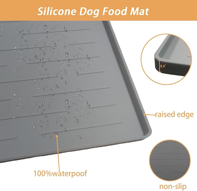 24" x 16" Dog Food Mat, Silicone Pet Mats for Food and Water, Nonslip Pet Feeding Mats for Floors, Dog Cat Bowl Mat with Raised Edges, Dark Gray