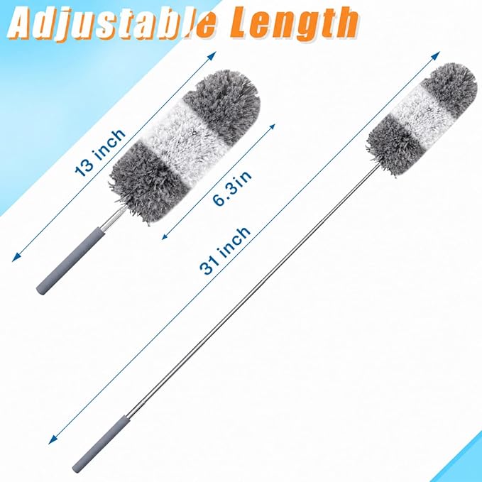 Tanlade 1 Pcs Microfiber Feather Duster for Cleaning 13-31 Inch Extendable Cobweb Dusters Ceiling Fan Duster Washable Bendable Tool for Office Car Window Furniture (Gray White)