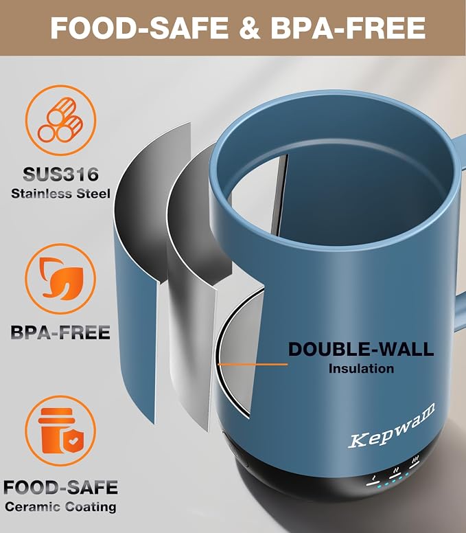 Kepwam Self-Heating Coffee Mug T1-16oz, Fast Heating Rechargeable Heated Coffee Mug, Smart Mug with App & Button Control, Ideal Gift for Coffee Lovers & Hot Drink Enthusiasts