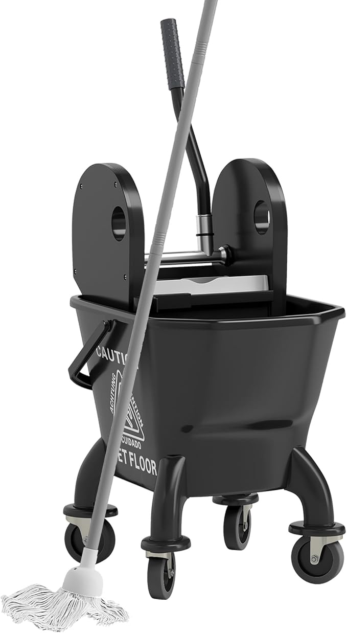 HOMCOM Mop Bucket with Wringer on Wheels, 27.5 Quart, with Mop, Black | Down Press Wringer, Handle and Mop, Floor Cleaning