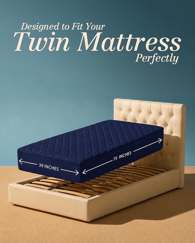 Quilted Fitted Mattress Pad, Twin Mattress Protector Topper with Deep Pocket Stretches up to 16 Inches, Machine Washable Mattress Cover by Utopia Bedding (Navy)