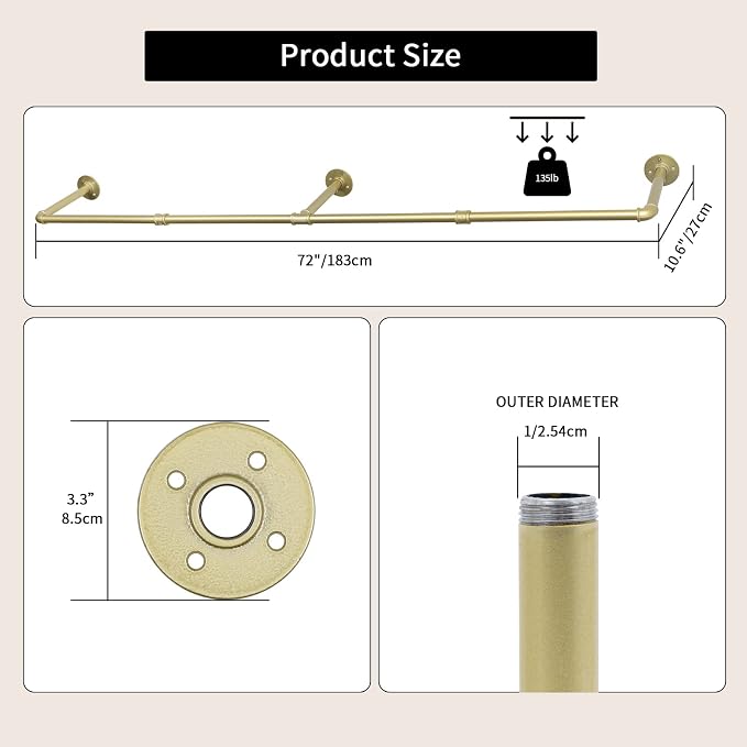 Oroonoko 72inch Gold Wall Mounted Clothes Rack, Industrial Pipe Garment Rack Hanging Rod Bar for Closet Storage,Laundry Room Up to Max Load 132lbs(Gold)