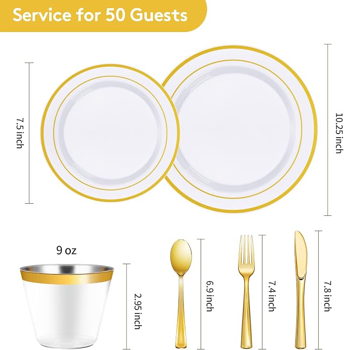 Goodluck 300 Pieces Gold Disposable Plates for 50 Guests, Plastic Plates for Party, Wedding, Dinnerware Set of 50 Dinner Plates, 50 Salad Plates, 50 Spoons, 50 Forks, 50 Knives, 50 Cups