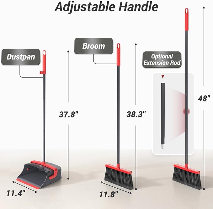 Broom with Dustpan Combo Set, Long Handle Upright Standing Self-Cleaning Broom and Dustpan Set for Pet Hair & Dust Cleanup, Indoor Outdoor Use for Home, Kitchen, Office, Red & Gray
