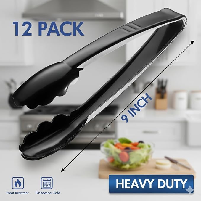 Plastic Tongs for Serving (Pack of 12) 9 Inch - Heavy-Duty Hard Plastic Reusable or Disposable Serving Tongs for Catering, Dinner Parties, Banquets, Buffets, Events, Weddings and Everyday Use, Black