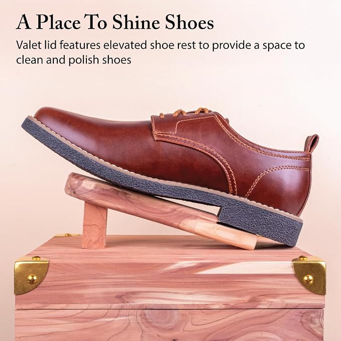 FootFitter Grand Cedar Shoe Shine Valet Box with Stand, USA Grown Wood | Premium Cedar Wood Storage Case with Stand & Shoe Rest for Polishing Space & Shoe Care Accessories