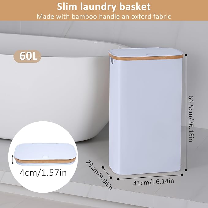 iEGrow 60L Slim Laundry Hamper, Narrow Laundry Basket with Lid,Foldable Clothes Hamper with Bamboo Handles,Hamper Basket with Removable Inner Bag for Laundry Room Bedroom College Dorm,15.85 Gals White