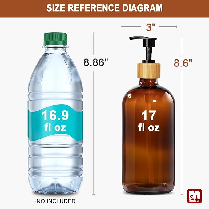 GMISUN Amber Glass Soap Dispenser, 2 Pack Bathroom Hand Soap Dispensers with Bamboo Pump, 17 Fl Oz Kitchen Hand and Dish Soap Dispenser Set, Modern Vintage Liquid Brown Soap Dispensers Bottle