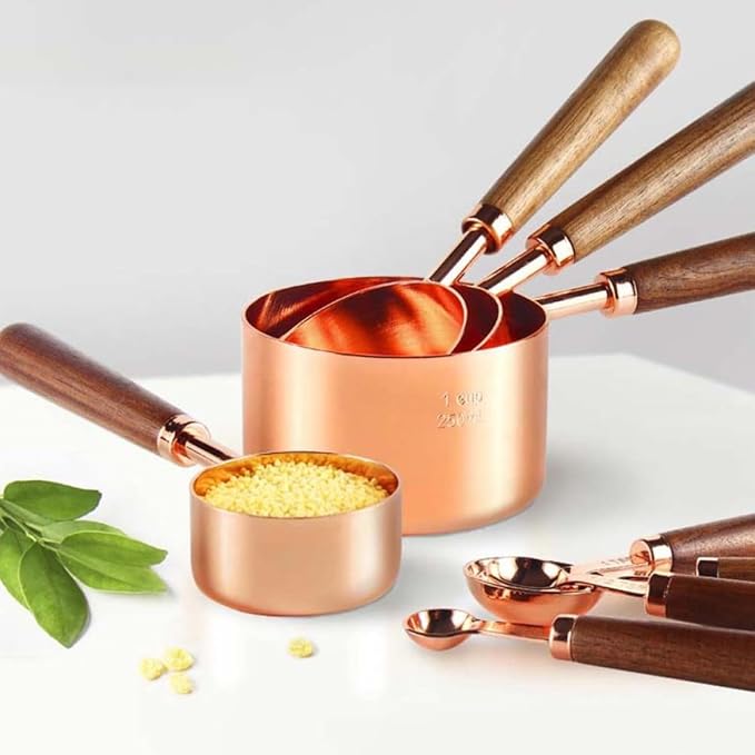 Healeved Measuring Spoon and Cup Set and Stainless Steel Construction 8pcs with Walnut Handle Double Graduated Units, Easy to Use and Clean, for Cooking and Baking